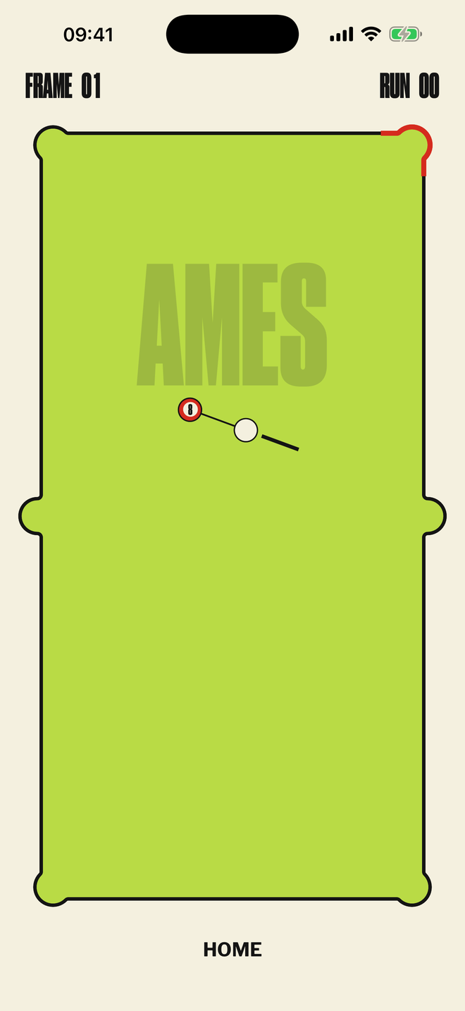 The same table with the cue pulled back behind the white, the aim line drawn through the red eight.