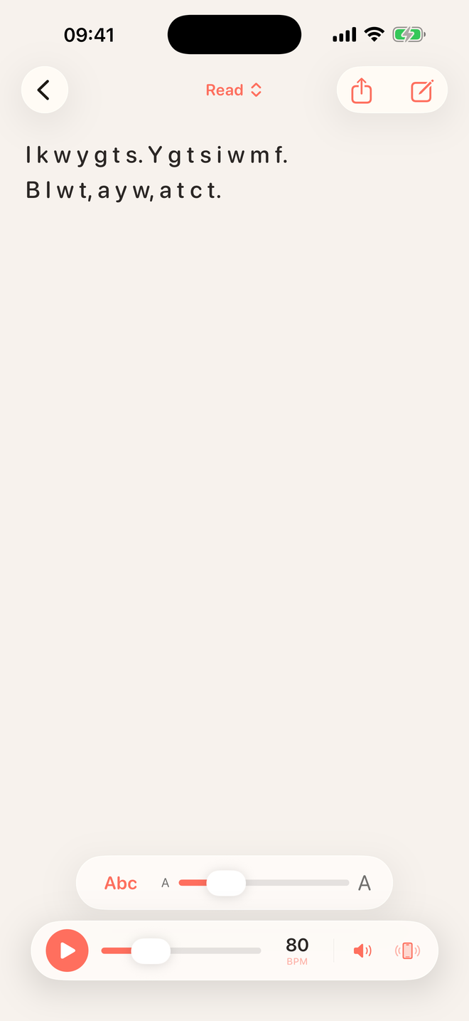 The same passage after the first-letter toggle, reduced to the app's own initials with the punctuation kept.