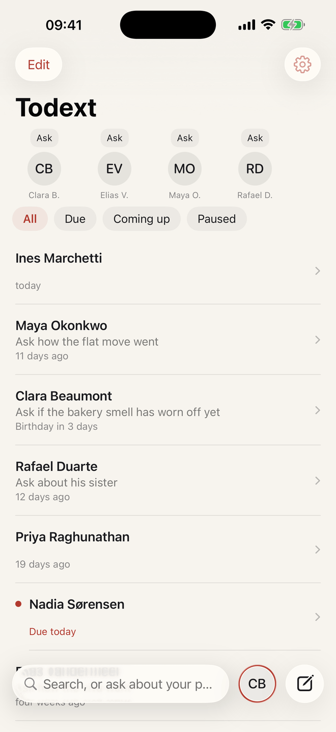 The Todext threads list on iPhone, each person carrying the one thing worth asking them next.