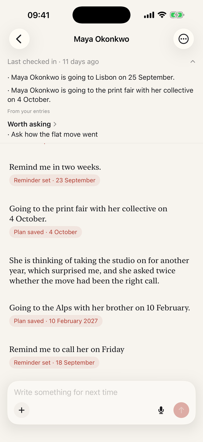 One person's private thread, its entries read back as a reminder and two saved plans, under the lines the app keeps for next time.