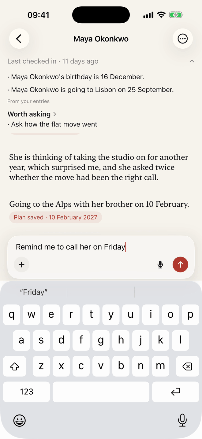 A sentence typed into the composer, Remind me to call her on Friday, with the send button lit and the keyboard up.