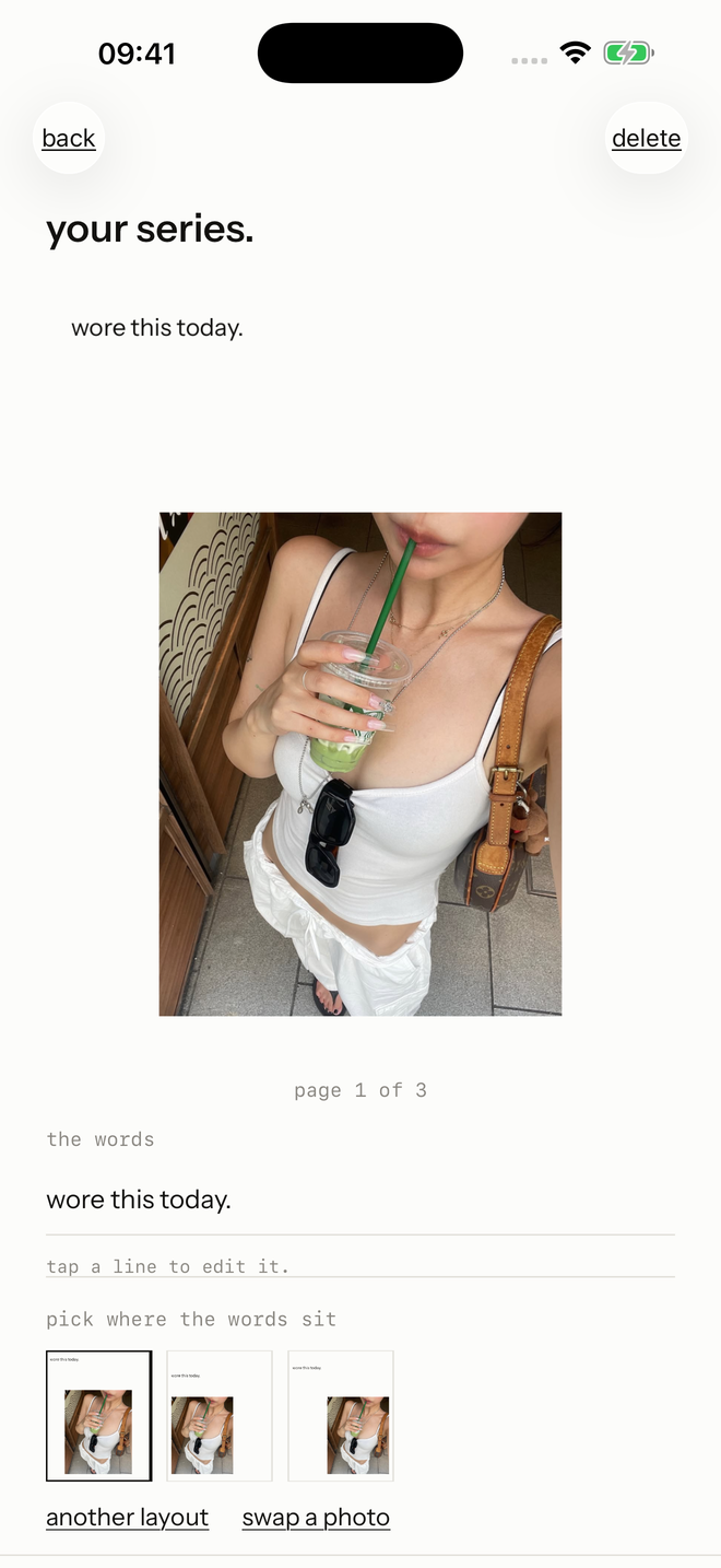 The first composed page on iPhone, with its word placement candidates beneath it.