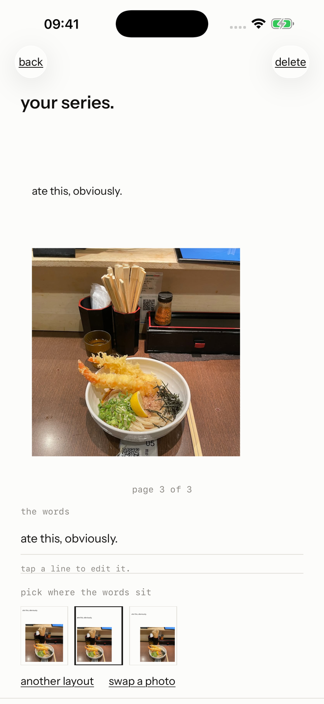 The finished page held on screen after a word placement is chosen.